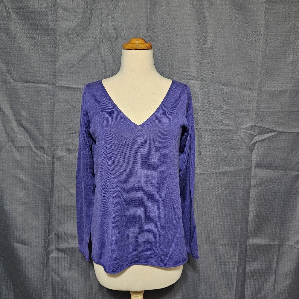 Eileen Fisher Silk Blend V-Neck Top Knit Sweater Purple Indigo Size S